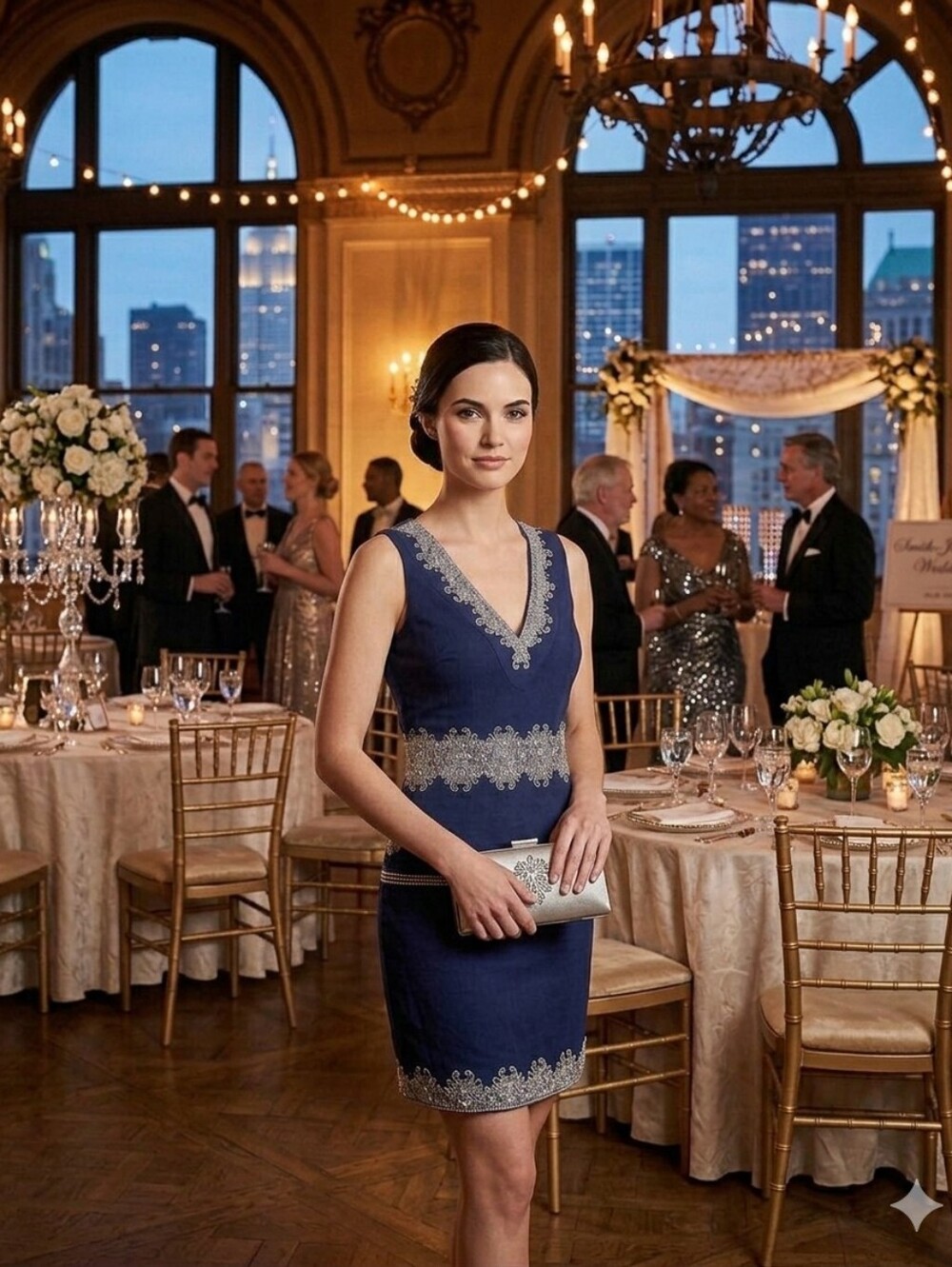 French Connection Navy Shift Dress with Cream Embroidery